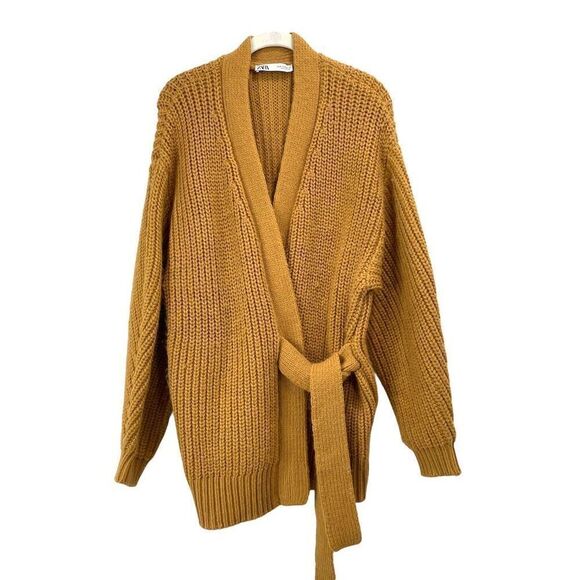 Zara tied chunky knit cardigan sweater Size M mustard marigold yellow heavy - Picture 2 of 8